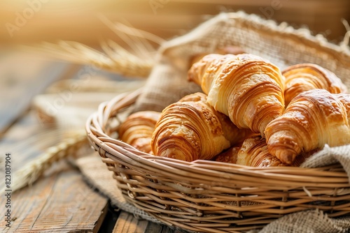 A basket filled with golden, flaky croissants, fresh out of the oven, resting on a rustic wooden table, an ideal breakfast. 