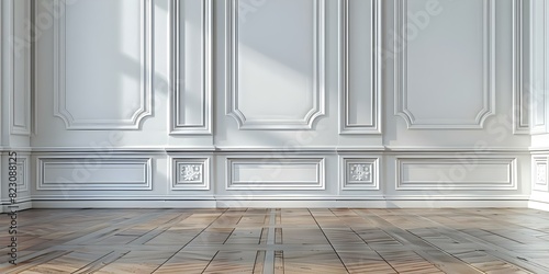 White classic wall background brown hardwood flooring centered copy space selective focus. Concept White Classic Wall  Brown Hardwood Flooring  Center Copy Space  Selective Focus