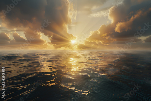 Zachód słońca nad oceanem, gdzie promienie słoneczne przenikają przez chmury, tworząc złociste refleksy na powierzchni wody.  photo