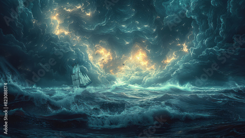 Amid a stormy sea symbolizing AI competition, a boat navigates turbulent waters toward a distant light, embodying the struggle and hope in the AI talent race.generative ai