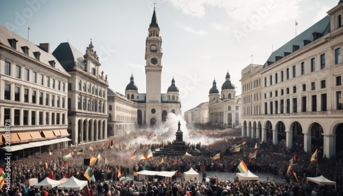 A dense crowd gathers for a protest rally in a grand city square, with smoke flares and flags under a hazy sky.. AI Generation