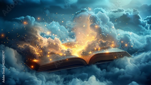 Mystical fairy tales springing from an open book, surrounded by fluffy clouds, sparkling lights enhancing the magical feel