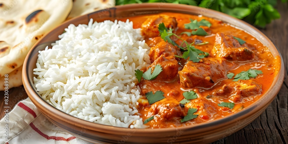 Chicken tikka masala curry with rice naan bread on wooden background. Concept Food Photography, Indian Cuisine, Culinary Art, Ethnic Dishes, Authentic Flavors Chicken tikka masala curry with rice naan bread on wooden background. Concept Food Photography, Indian Cuisine, Culinary Art, Ethnic Dishes, Authentic Flavors
