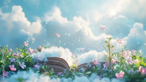Enchanted open book with fairy tales leaping out, fluffy clouds floating around, vibrant and dreamy scene
