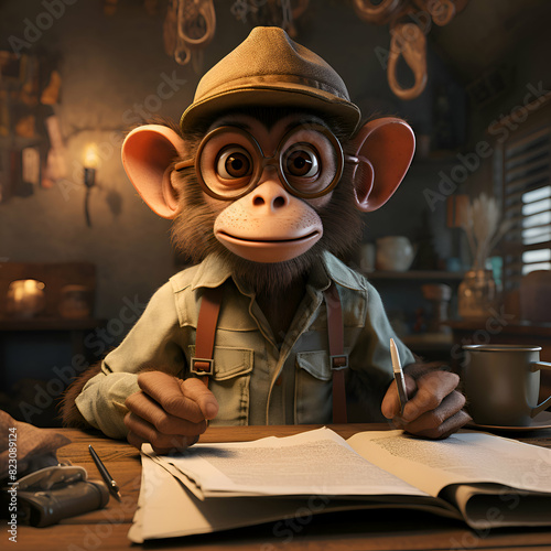 Monkey in a hat and glasses writes in a notebook sitting at the table.