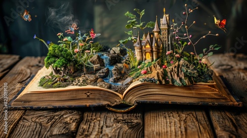 Enchanted open book with fairies, castles, and mythical beings leaping out, on a weathered wooden table photo
