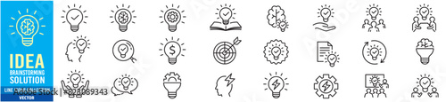 Idea icon set. Creative, business, solution, brainstorming, innovation, Lightbulb, brain, meeting, thinking and management. Editable stroke icons collection vector illustration. 