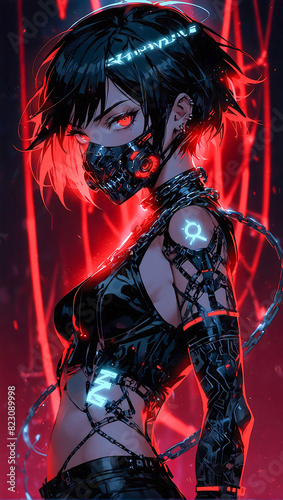 Portrait of an anime style cyberpunk female ninja warrior on a dark moody and atmospheric background