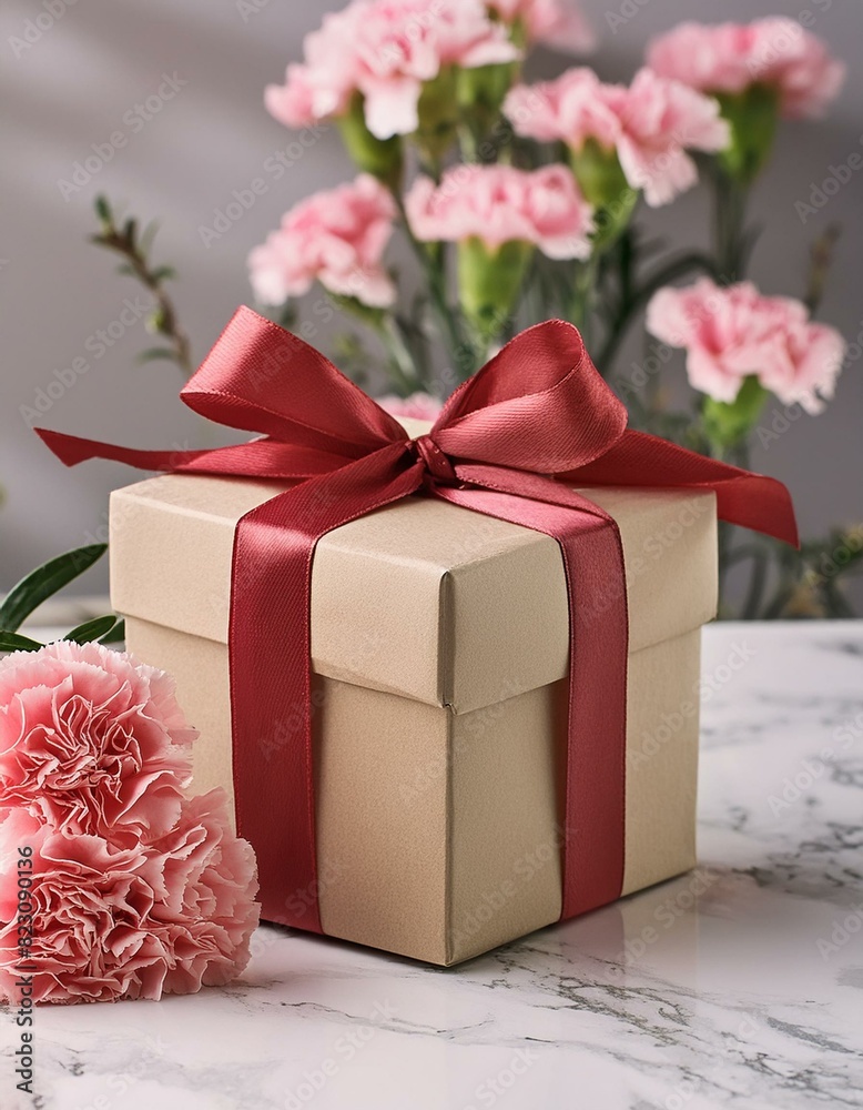 Gift of Flowers: Carnations with Red Ribbon Box on Marble Desk Gift of Flowers: Carnations with Red Ribbon Box on Marble Desk