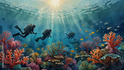 Watercolor painting: A coral reef conservation effort, with divers transplanting healthy coral fragments to restore damaged reefs and support marine biodiversity. © Jessada