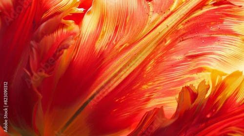 A close-up of a blooming tulip showcases its vibrant red and yellow petals. #823090312