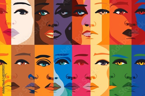 Abstract illustration of diverse faces with various skin tones, emphasizing unity, inclusivity, and celebration within LGBTQ+ community. Represents diversity, support, and acceptance. © N Joy Art 