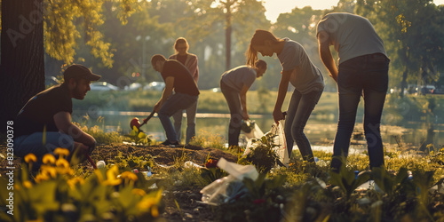 A heartwarming scene of a group of volunteers working together to clean up a local park, laughing and chatting as they pick up litter and plant flowers to beautify the space photo