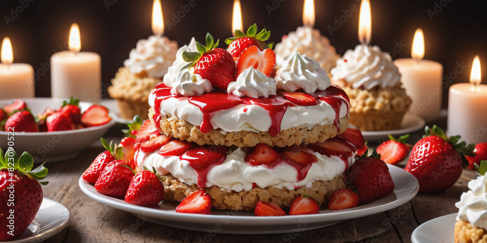 Fototapeta premium Symbols of birthday celebration:Strawberry shortcake, biscuit base, strawberry slices, whipped cream, strawberry glaze, biscuit crumble