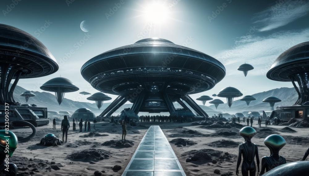 A captivating portrayal of a utopian alien cityscape, with sleek, mushroom-like buildings under a bright sun and crescent moon, hosting a civilization of slender, humanoid figures on a barren planet