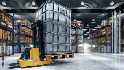 Forklift class 2  with IBC pallet tank inside a large warehouse (deteil) - 3D Visualization