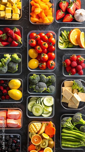 High-angle view of fresh assorted fruits and vegetables neatly arranged in trays showcasing healthy  colorful produce on a black background.