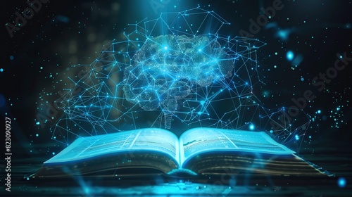 Open book with virtual brain and neuroscience. The brain is surrounded by blue light, giving it a futuristic appearance. The concept of high curiosity and desire to learn.
