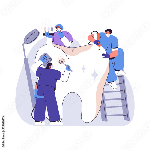 Dentists treating tooth with stomatology drilling machine. Stomatologists care about oral hygiene. Dentistry doctors do dental cleaning, brushing, polishing. Flat isolated vector illustration on white