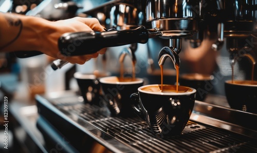 A barista's hands skillfully pour coffee from an espresso machine, with the steaming hot liquid adding to the inviting atmosphere of early morning or late evening at a cafe