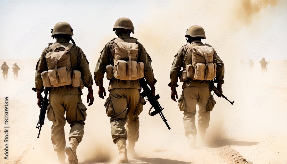 A troop of soldiers in beige uniforms trek through a sandy desert under a bright sun, dust swirling around them.. AI Generation A troop of soldiers in beige uniforms trek through a sandy desert under a bright sun, dust swirling around them.. AI Generation