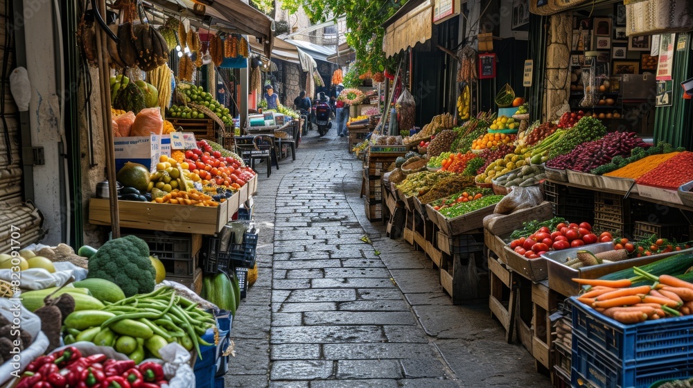 Narrow alley in a traditional market lined with stalls full of fresh fruits and vegetables under a clear sky.
