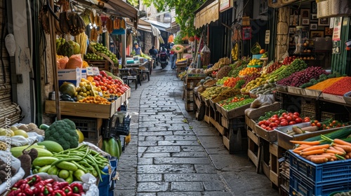 Narrow alley in a traditional market lined with stalls full of fresh fruits and vegetables under a clear sky.