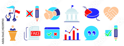 Politics set icon. Voting, debate, political campaign, handshake, government building, pie chart, ballot, exit poll, protest, podium, check mark, statistics, democracy, election concept.