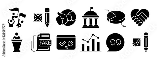 Politics set icon. Voting, debate, political campaign, handshake, government building, pie chart, ballot, exit poll, protest, podium, check mark, statistics, democracy, election concept.