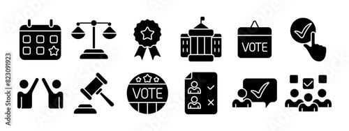 Election set icon. Calendar with star, balance scales, award ribbon, government building, sign, hand pointing at check mark, gavel, badge, candidate list. Elections, democracy.