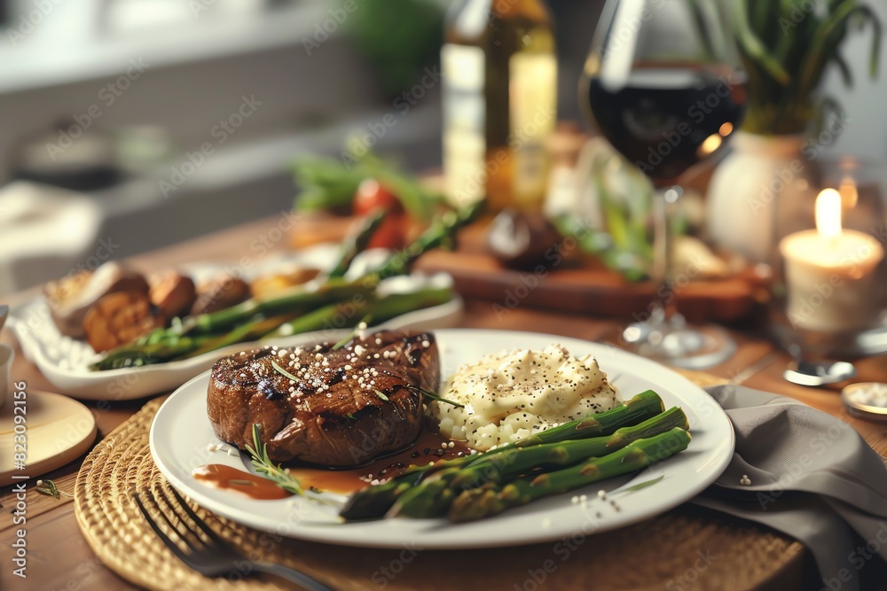 Elegant dinner setting with steak, asparagus, and mashed potatoes, accompanied by wine, candles, and decor on a wooden table.