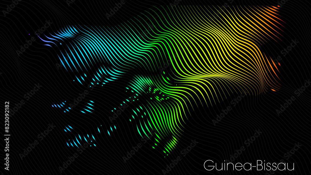 A map of Guinea-Bissau is presented in the form of colorful vertical lines against a dark background. The country's borders are depicted in the shape of a rainbow-colored diagram. A map of Guinea-Bissau is presented in the form of colorful vertical lines against a dark background. The country's borders are depicted in the shape of a rainbow-colored diagram.