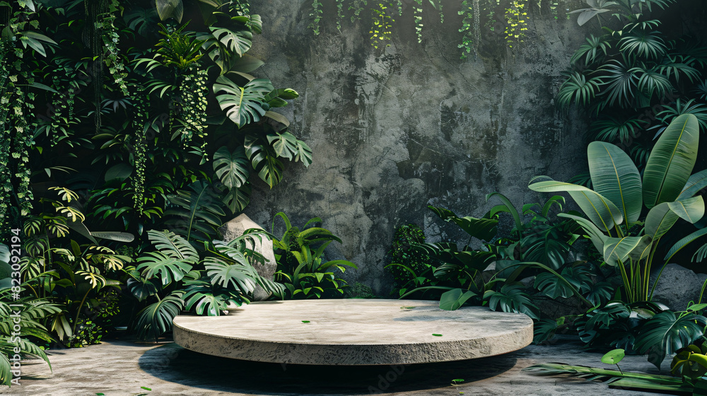Minimalist mockup with a stone platform and lush greenery, ideal for cosmetic advertising