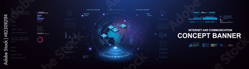 Futuristic cyber banner with HUD elements. Internet technologies and communications on a futuristic background. The process of exchanging information and data through the global Internet