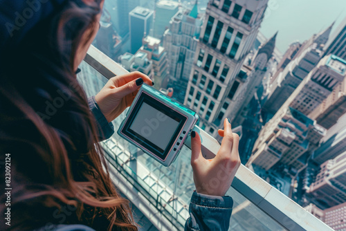 High-rise balcony scene with a woman displaying a blank digital frame, overlooking the city. photo