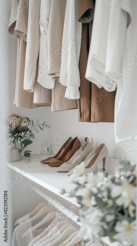 A closet with white clothes and shoes on a shelf