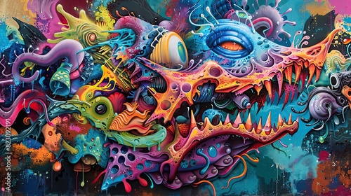 Colorful painting of a monster with a mouth full of teeth. The painting is full of bright colors and has a surreal feel to it