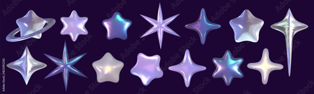 Obraz premium Chrome 3d star set metal element. Silver and purple holographic shape. 3d chrome vector for futuristic and 90s design