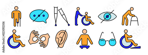 Disability set icon. Crutches, speech bubble, wheelchair, helper, vision impairment, walker, hearing aid, sign language, prosthetic limb, glasses, ramp. Accessibility and support concept.