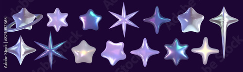 Chrome 3d star set metal element. Silver and purple holographic shape. 3d chrome vector for futuristic and 90s design