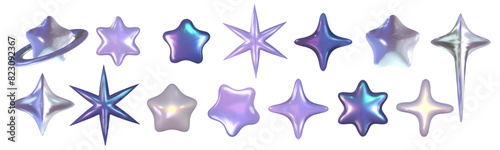 Chrome 3d star set metal element. Silver and purple holographic shape. 3d chrome vector for futuristic and 90s design