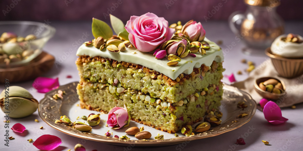 Symbols of birthday celebration:Pistachio cake, rosewater icing, crushed pistachios, edible rose petals, pistachio cream, rose buds Symbols of birthday celebration:Pistachio cake, rosewater icing, crushed pistachios, edible rose petals, pistachio cream, rose buds