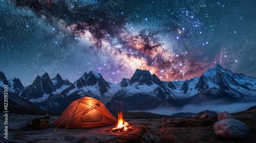 A stunning night sky with the Milky Way towering over a glowing orange tent by a campfire in a snowy mountainous landscape.