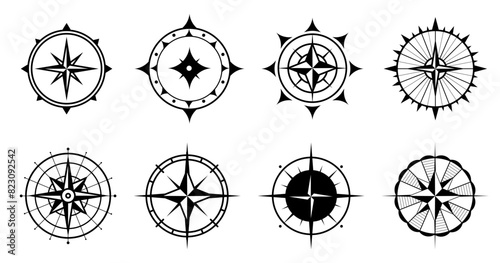 Vintage marine wind rose, nautical chart. Compass icons set. Compass rose sign. Compasses for travel map. Navigation arrow symbols.