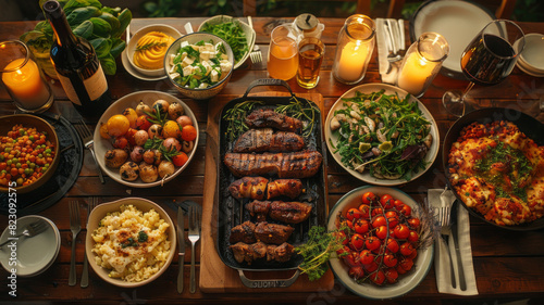 a slightly angled top-down shot from a slight side view of a moody lit dinner table for 6 people with a grillplate in the middle,generative ai photo