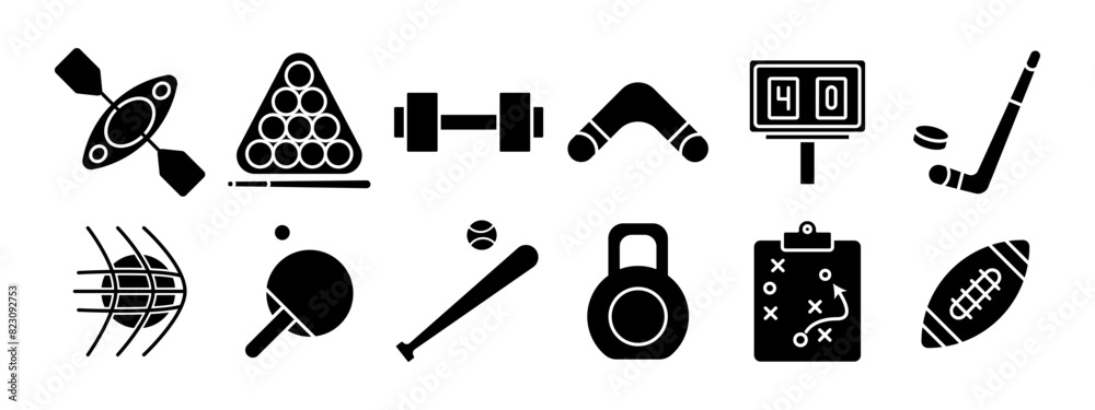 Obraz premium Sports equipment set icon. Kayak, billiards, dumbbell, boomerang, scoreboard, hockey stick, basketball, table tennis, baseball bat, kettlebell, strategy board, football. Fitness and sports concept.