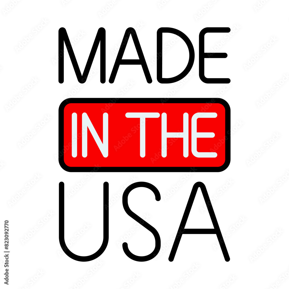 Made in the USA icon. Text design with bold lettering and red highlight. American manufacturing and product origin concept. Made in the USA icon. Text design with bold lettering and red highlight. American manufacturing and product origin concept.