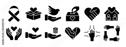 Charity set icon. Ribbon, donation box, peace dove, hands holding heart, house with heart, coins, Earth heart, teamwork, support. Charity and kindness concept.