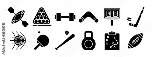 Sports equipment set icon. Kayak, billiards, dumbbell, boomerang, scoreboard, hockey stick, basketball, table tennis, baseball bat, kettlebell, strategy board, football. Fitness and sports concept.