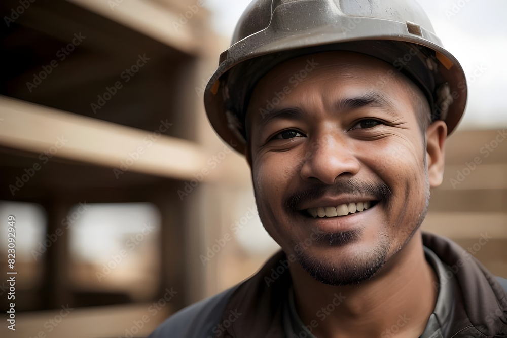 a man construction worker smiling, happy, on the job, trades, Builder, Hardhat, Uniform, Tools, Safety, Site, Equipment, Labor, Industrial, Blue-collar, Handsome, Confident, Cheerful, Positive, Work